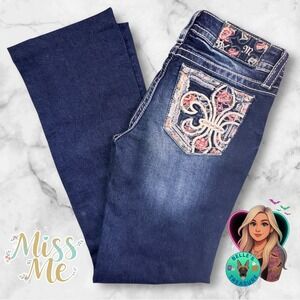 Miss Me Jeans Women's 27 Chloe Boot Cut Leather Fleur De Lis Floral Roses Pearls